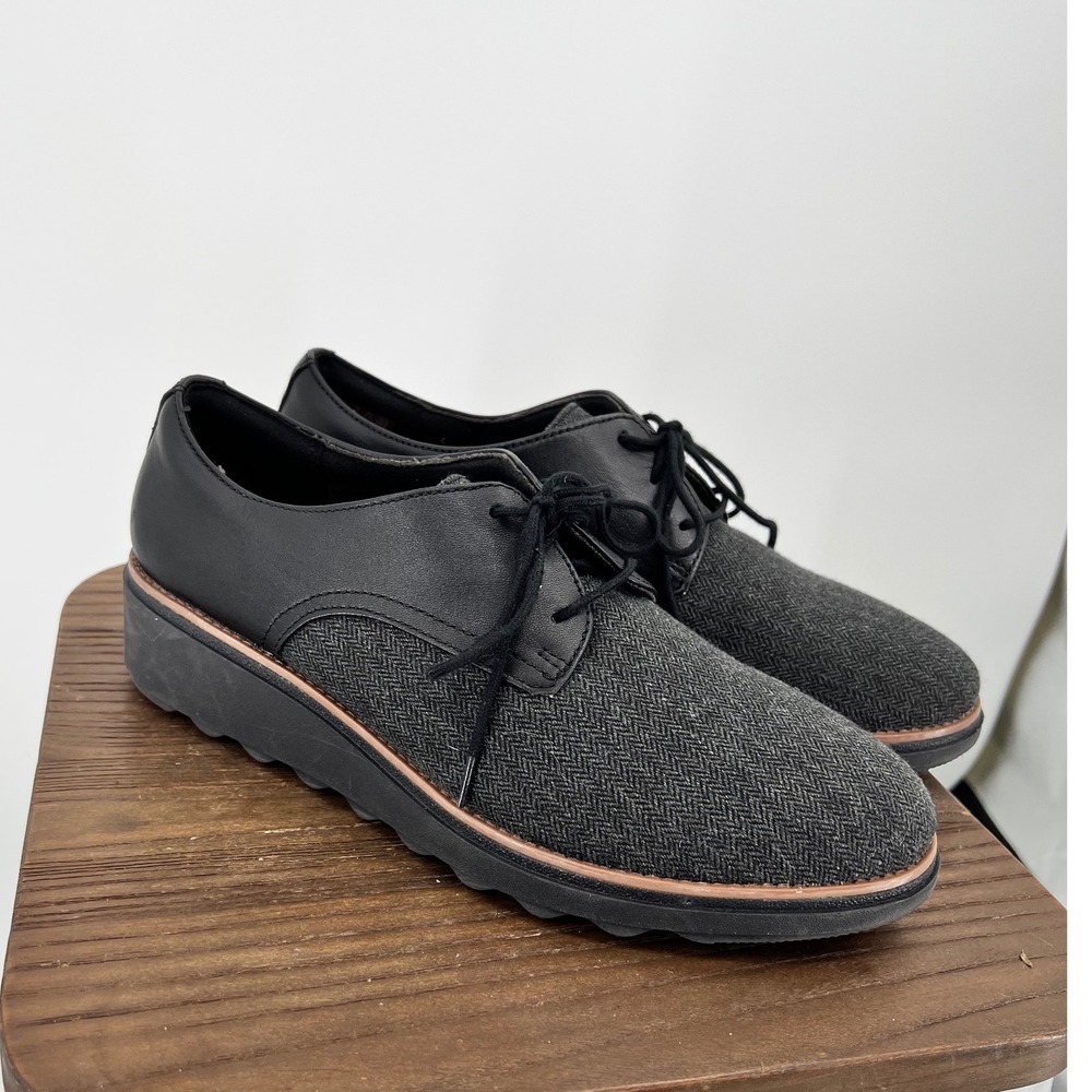 Clarks Sharon Dolly Black Leather Herringbone Platform Oxford Shoes Womens 10 W